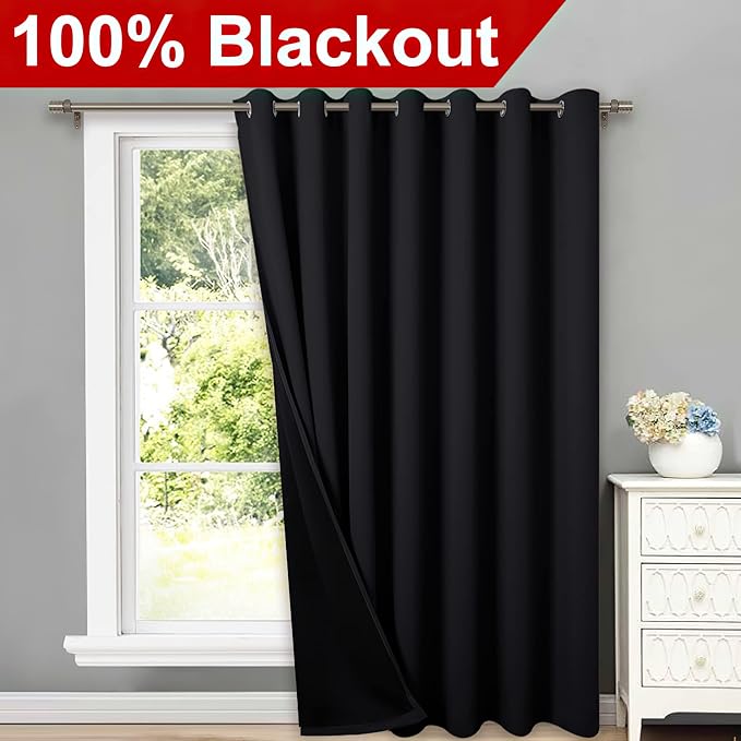 NICETOWN Extra Wide Patio Door Curtain, Super Heavy-Duty Thermal Sliding Glass Door Lined Drape, Privacy Assured 100% Blackout Window Treatment(Black, 1 Panel, 100 inches W x 84 inches L)