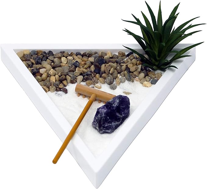 Nature's Mark Mini Zen Garden Kit for Desk with White Sand, Rake, White Base, Salt Rock and Air Plant (Triangle)