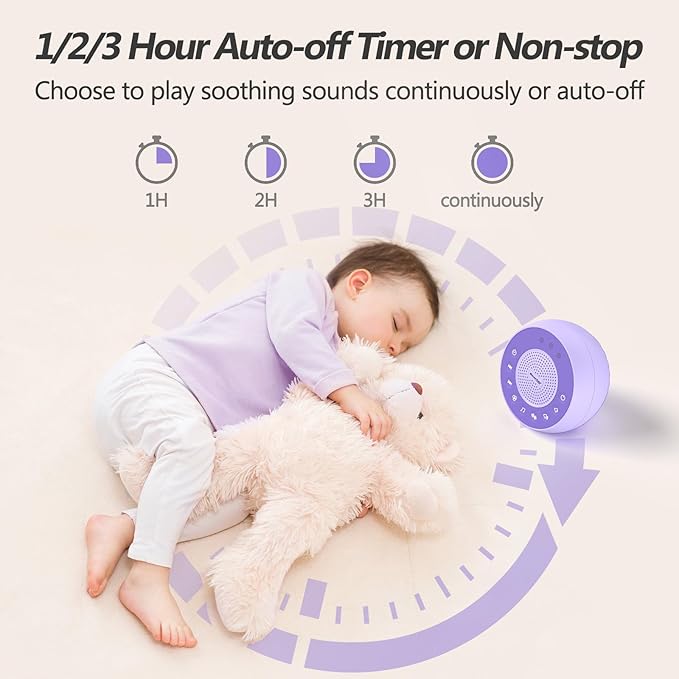 REACHER Sound Machine for Adult, Baby, 31 Non-looping Soothing Sounds, White/Brown/Pink Noise for Sleeping, 3 Auto-Off Timer, Loud Stereo Sound, 25-Level Volume, Memory Function, Travel(Purple)