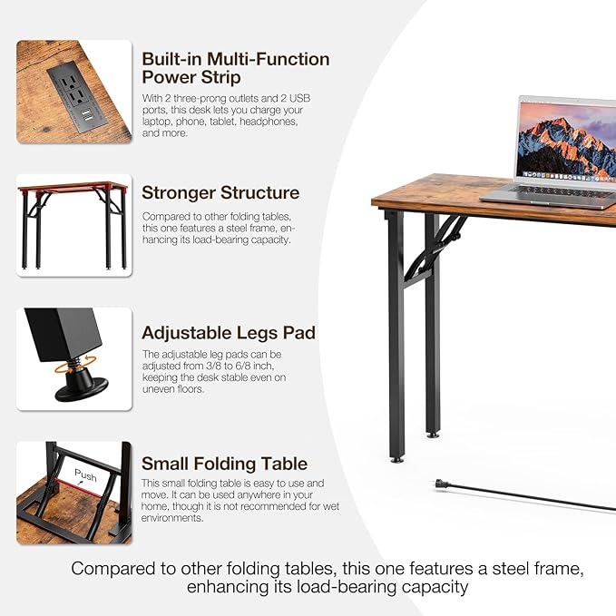 TEMI Small Computer Desk Folding Table - No Assembly, Compact 35.8" Foldable Desk with Power Outlets & USB Charging Port, Portable Small Office Desk, Ideal Mini Study Table for Small Spaces, Brown