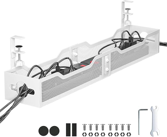 Under Desk Cable Management Tray, 25'' Metal Cable Tray with Clamp for Desk Wire Management, Litwaro Cable Management Under Desk No Drill, Desk Cord Organizer - No Damage to Desk…