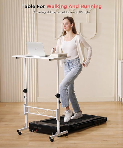 KLSMYHOKI Small Standing Desk Adjustable Height, Mobile Sit Stand up Desk Portable Rolling Desk with Wheels Standing Desk for Walking pad Treadmill White