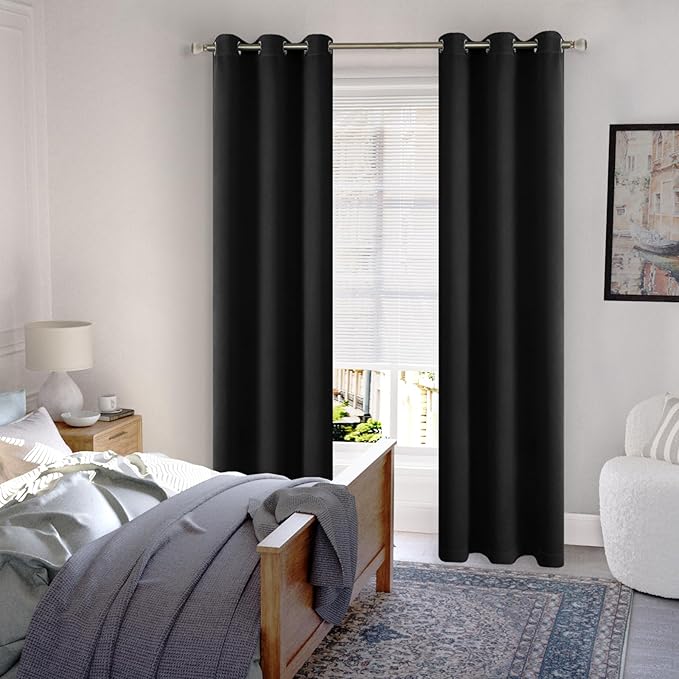 Black 100% Blackout Curtains 84 Inch Length, 38 Inch Wide for Narrow Curtains for Living Room, Thermal Curtains for Winter Soundproof Blocking Bedroom Curtains, Each Darkening Drape 2 Panels