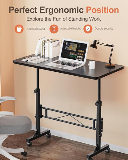 Small Standing Desk Adjustable Height, Mobile Stand Up Desk with Wheels, 32 Inch Portable Rolling Desk Small Computer Desk, Portable Laptop Desk Standing Table Sit Stand deep Black