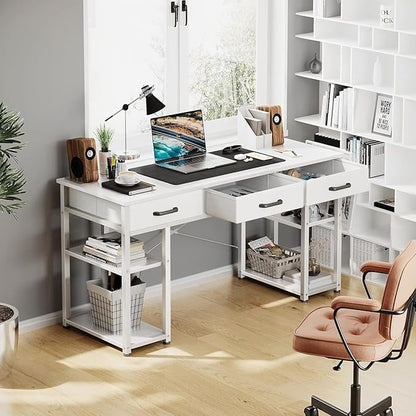 ODK Office Small Computer Desk: Home Table with Fabric Drawers & Storage Shelves, Modern Writing Desk, White, 48"x16"