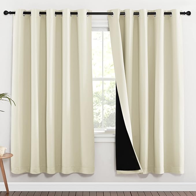 NICETOWN Living Room Completely Shaded Draperies, Privacy Protection & Noise Reducing Ring Top Drapes, Black Lined Insulated Window Treatment Curtain Panels (Beige, 2 Pieces, W70 x L72)