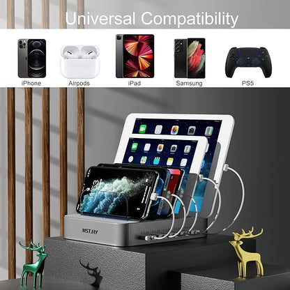 Charging Station for Multiple Devices,MSTJRY 5 Port Multi USB-A Charger Station with Power Switch Designed for iPhone iPad Cell Phone Tablets (Silver, 7 Mixed Short Cabels Included)