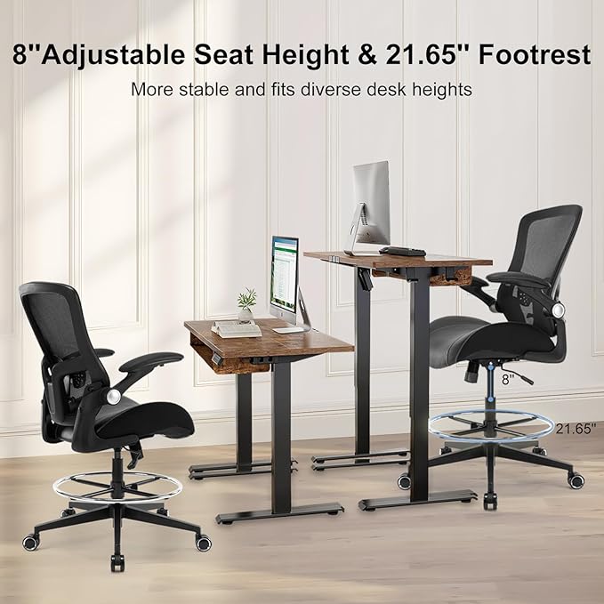 Drafting Chair, Tall Office Chair with Flip-up Armrests, Standing Desk Chair Counter Height Office Chairs with Footrest and Adjustable Lumbar Support Black