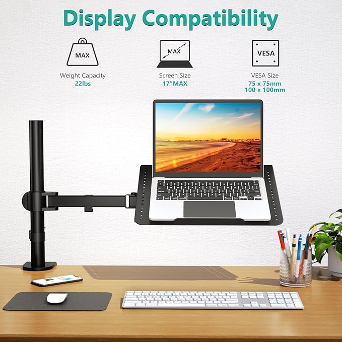 WALI Laptop Tray Desk Mount for 1 Laptop Notebook up to 17 inch, Fully Adjustable, 22 lbs Capacity with Vented Cooling Platform Stand (M00LP)