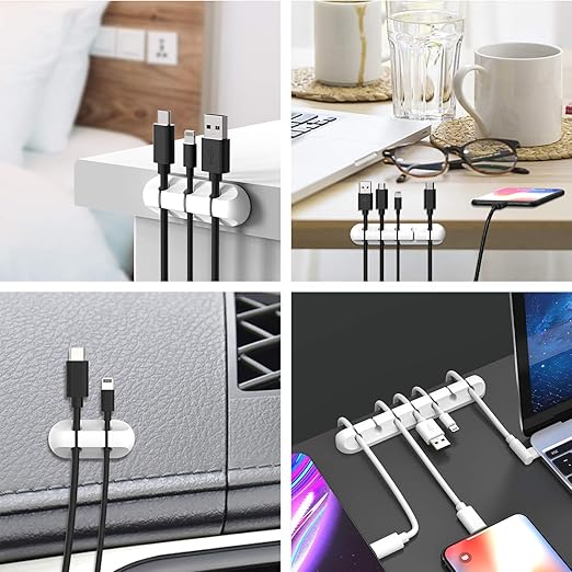 White Cable Clips, Cord Organizer Cable Management, Cable Organizers USB Cable Holder Wire Organizer Cord Clips, 2 Packs Cable Straps for Desk Car Home and Office (5, 3 Slots)