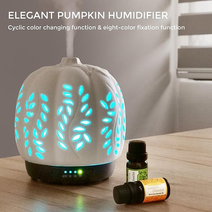 Earnest Living Essential Oil Diffuser Ceramic Diffuser for Halloween Fall Autumn Pumpkin 250ml Timers Night Lights and Auto Off Home Office Humidifier Aromatherapy Diffusers for Essential Oils