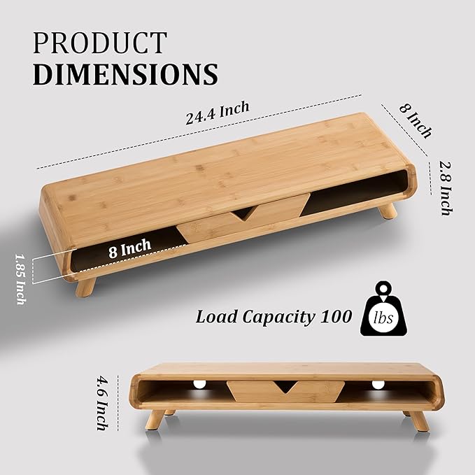 Homerays Bamboo Monitor Stand Riser, No Assembly Required Exquisite Monitor Stand with Drawer Ergonomic Height Wood Monitor Stand