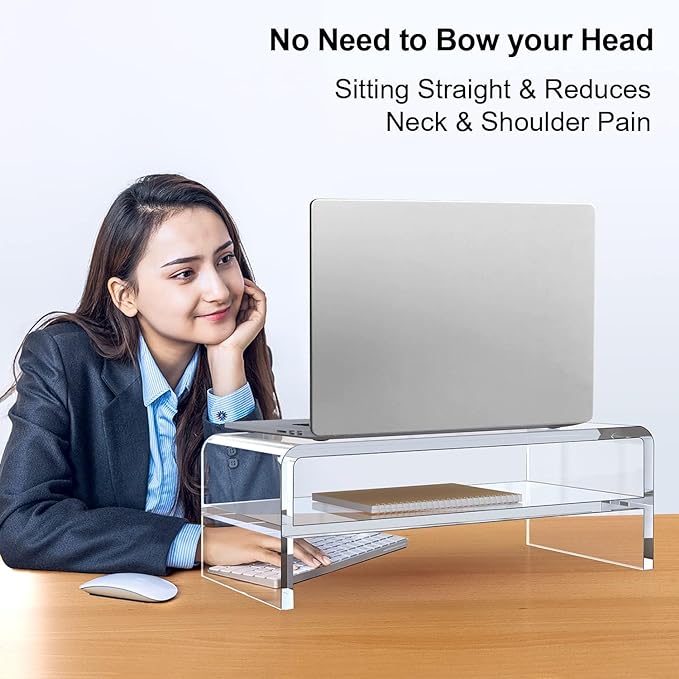 Clear Acrylic Monitor Stand Riser 2 Tier, 5.12 Inches High Clear Computer Desk Organizer Shelf for Multi Media PC Storage Laptop