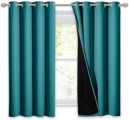 NICETOWN Peacock Teal 100% Blackout Lined Curtain, 2 Thick Layers Completely Blackout Window Treatment Thermal Insulated Drape for Kitchen/Bedroom (1 PC, 52 inches Width x 63 inches Length Each Panel)