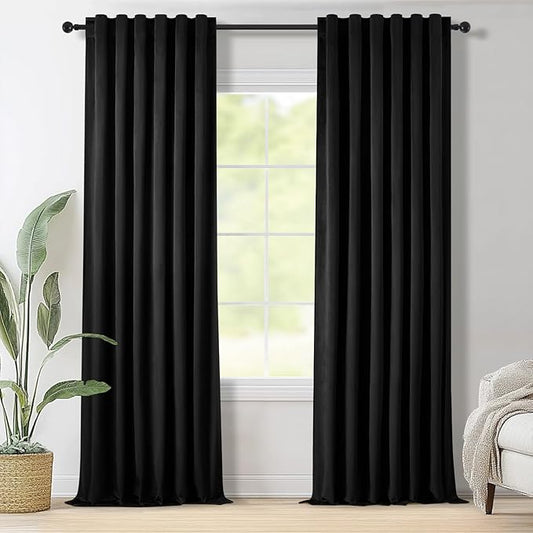 Topfinel Black Curtains 90 Inches Long for Bedroom,Moderate Velvet Fabric Drapes,Rod Pocket Back Tab Room Darkening Elegant Curtains for Living Room,90 Inch Length 2 Panels Set