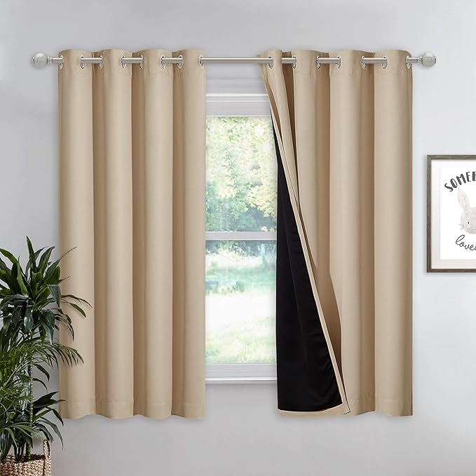 NICETOWN Cold Blocking Curtain, Bedroom Full Blackout Panel, Super Thick Insulated Window Cover, Complete Blackout Drapery with Black Liner for Short Window(Biscotti Beige, 1 PC, 52 by 63-inch)