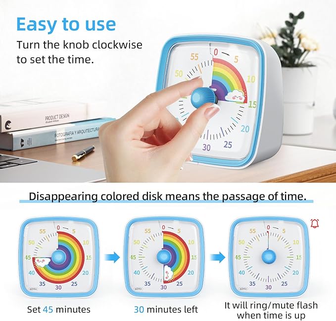 Yunbaoit Visual Timer with Night Light, 60-Minute Countdown Timer for Kids and Adults, Silent Classroom Timer, Pomodoro Timer with Rainbow Pattern for Home, School, Kitchen, or Office (Blue)