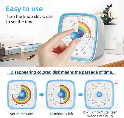 Yunbaoit Visual Timer with Night Light, 60-Minute Countdown Timer for Kids and Adults, Silent Classroom Timer, Pomodoro Timer with Rainbow Pattern for Home, School, Kitchen, or Office (Blue)