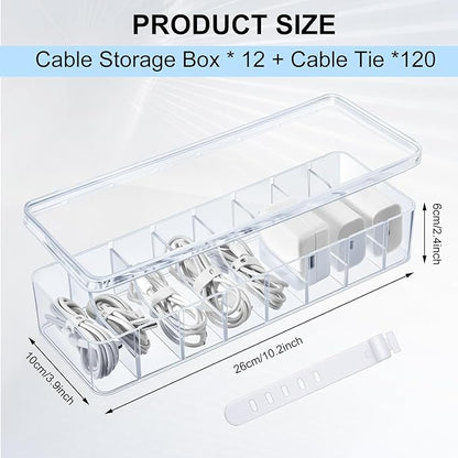 Tatuo 12 Pcs Cable Organizer with 120 Wire Ties, Clear Plastic Cord Storage Box with Lid, Electronics Charger Organizer for Home Office Desk Organizers and Accessories