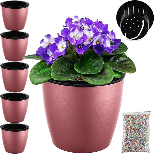 Planterhoma Premium 5 Pack Self Watering Pots for Indoor Plants, Rose Gold, 6.7 inch