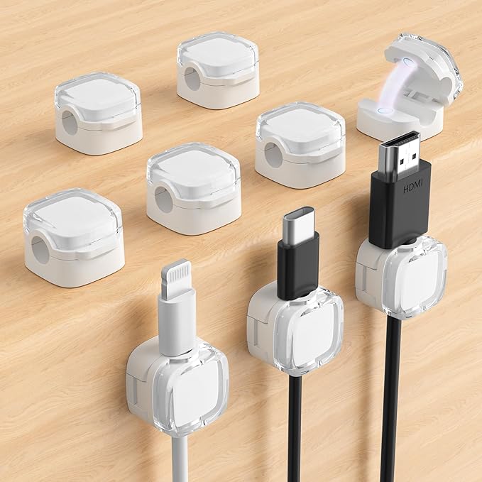 9-Pack Magnetic Cable Clips, Adjustable Cord Holder for Under Desk Cable Management, Adhesive Charger Wire Organizer Keeper for Home Office Desk Phone Car Wall Desktop Nightstand (White Crystal)