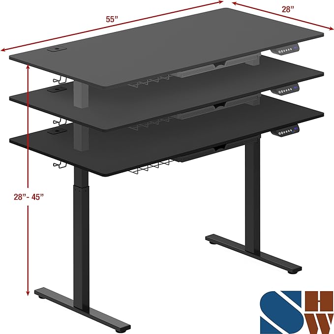 SHW 55-Inch Large Electric Height Adjustable Standing Desk with Drawer, 55 x 28 Inches, Black