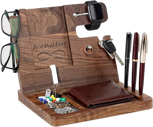 awofer Gifts for Men - Ebony Wood Phone Docking Station - Nightstand with Key Holder, Wallet Stand and Watch Organizer to Boyfriend Husband Wife Dad for Anniversary Birthday Christmas