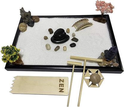 Japanese Relax Desktop Zen Garden Kit for Desk, Mini Meditation kit with Square Sandbox 11.8“ x 8", Balance Stones, Bamboo Rake, White Sand, Cherry Blossom Tree