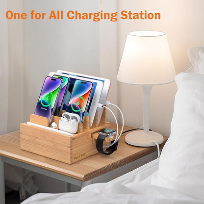 Pezin & Hulin Bamboo Charging Station for Multiple Devices Include 5 Port USB Charger, 5 Cables, Desktop Organizer for Phones, Tablet, Wooden Docking Stations