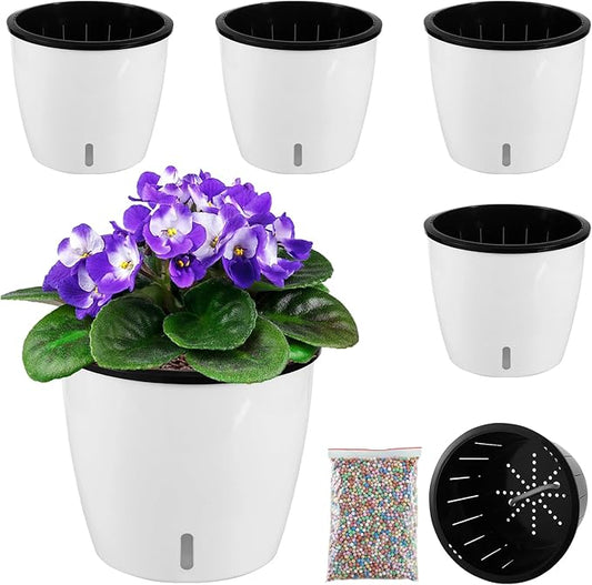 4 Packs 6.7 Inch White Self Watering Pots for Indoor Plants with Water Indicator and Black Wick Pots, Large African Violet Pots, Self Watering Planters for Devil's Ivy, Indoor Plant Pots for Orchid