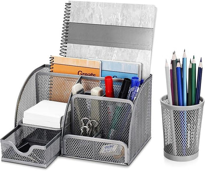 Flexzion Desk Organiser, Pen Holder, Office Organiser, Students Desk Accessories Made of Metal with Drawer and 6 Compartments, for Aesthetic Pens, Stapler, Folder Clips, Sticky Notes, Silver