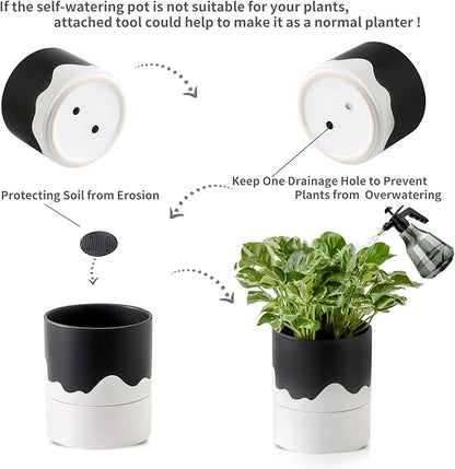 Nihow Self Watering Plant Pot: 6 Inch Ceramic Planter with Drainage Hole & Water Storage Plus for Indoor & Outdoor Plants - Cylinder Round Flower Pot for Succulent/Herbs/Violets - Black & Wave White