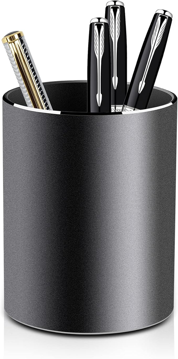 Vaydeer Metal Pen Holder Aluminum Pencil Holder for desk, Round Desktop Organizer and Black Pencil Cup for Office, School, Home and Stationary Supplies (3.15 x 3.15 x 3.94 Inches)