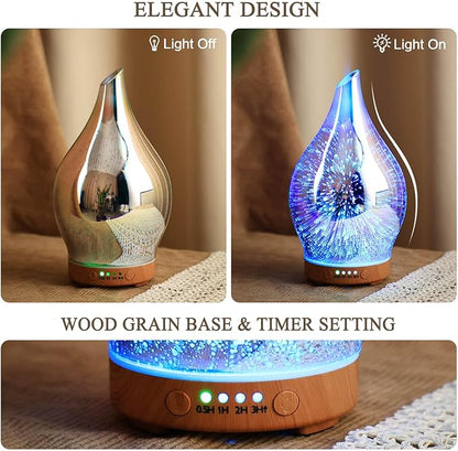 Porseme Oil Diffuser 3D Glass Aromatherapy Ultrasonic Humidifier, Air Refresh Auto Shut-Off, Timer Setting, BPA Free for Home Hotel Yoga Leisure SPA Gift 100ml Last 4H