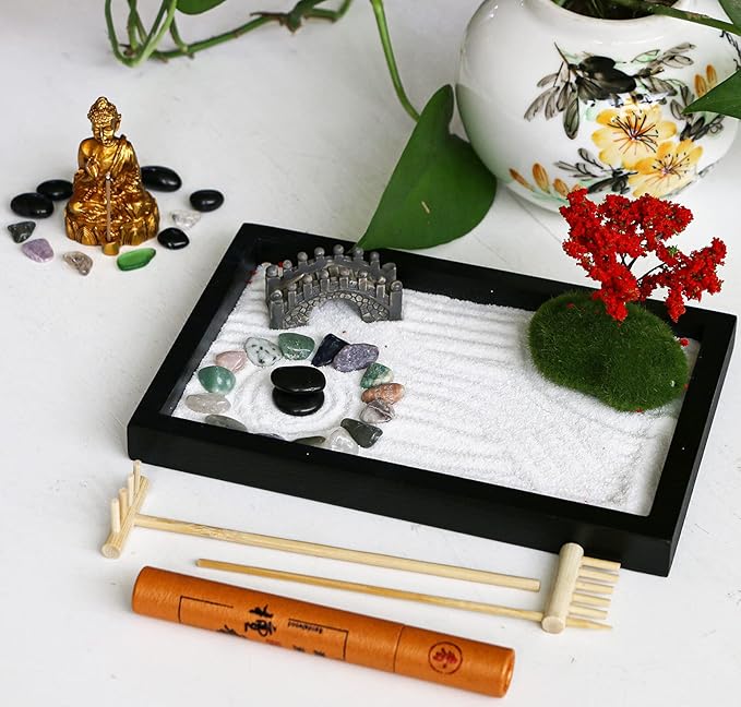 Mini Meditation Zen Garden Kit - Japanese Tabletop Rock Sand Chakra Buddha Zen Garden Home Office Desk Zen Decor Zen Gifts for Father Mother Birthday Gifts Sandbox w/Rake Tool Accessories Bonsai