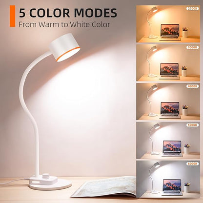 LED Desk Lamp, 1200LM for Home Office, Fully Dimmable Bedside Reading Lamp with USB C + A Charging Ports, 5 Colors, 12W Gooseneck Lamp, Metal Small Table Lamps for Bedroom Living Room White