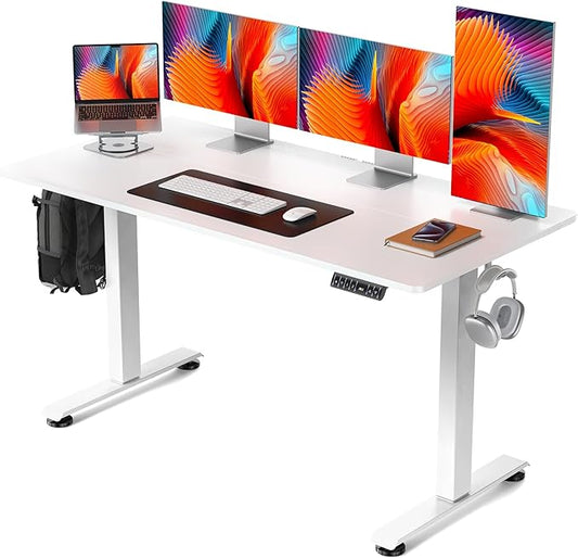 Veken 55 Inch Electric Standing Desk, Height Adjustable Sit Stand Up, Wood Desktop, Work Home Office Computer PC Table, Tall Standup Workstation, Gaming Writing Study Bedroom Rising Desks, White