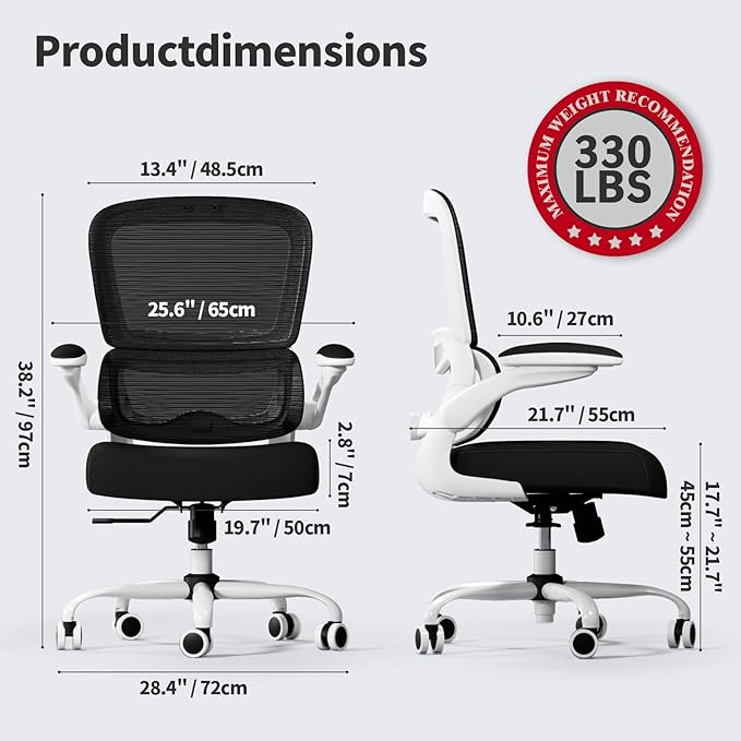 Office Chair - Ergonomic Desk Chair with Adjustable Lumbar Support, Mesh Computer Chair, Executive Chair for Home Office Comfortable Lumbar Support (White+Black)