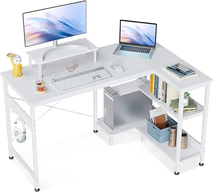 ODK 47 Inch Small L Shaped Computer Desk with Reversible Storage Shelves, L-Shaped Corner Desk with Monitor Stand for Small Space, Modern Simple Writing Table for Home Office Workstation, White