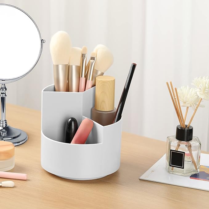 Desk Pencil Pen Holder, 3 Slots 360-Degree Spinning Pencil Pen Desk Organizers, Desktop Storage Pen Organizers Stationery Supplies, Cute Pencil Cup Pot for Office, School, Art Supply - Gray