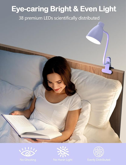 BOHON Desk Lamp with Clamp, 10W 38 LED Clip on Light, 3 Color 10 Brightness Auto Off Timer, Flexible Gooseneck Clip Lamp, Desk Lights for Office Home Bed Bedside Reading, Lilac Purple