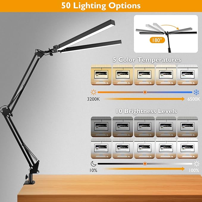 LED Desk Lamp with Clamp, Super Bright Double Head Desk Lamps for Home Office, 5 Color Modes, 10%~100% Dimmable Brightness, Architect Task Desk Light, Modern Swing Arm Workbench Desk Lighting