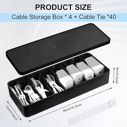 Tatuo 4 Pcs Cable Organizer with 20 Wire Ties, Black Plastic Cord Storage Box with Lid, Electronics Charger Organizer for Home Office Desk Organizers and Accessories