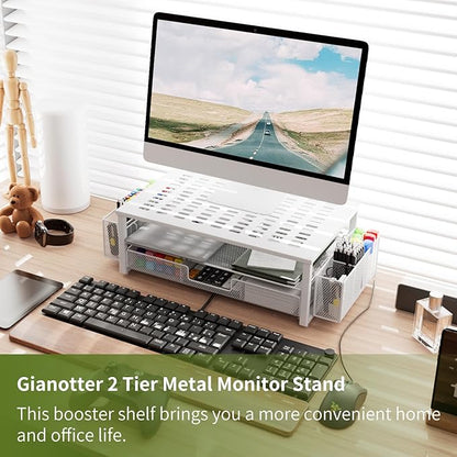 gianotter Monitor Stand Riser, Desk Organizer with Drawer and Pen Holder, 2-Tier Computer Stand, Desk Accessories & Workspace Organizers(White)