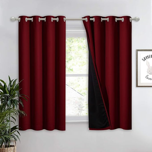 NICETOWN Kitchen Full Blackout Curtain Panel, Super Thick and Soft Insulated Window Cover, 100% Blackout Drapery with Black Backing for Cafe Window (Burgundy Red, 1 PC, 52 by 54-inch)