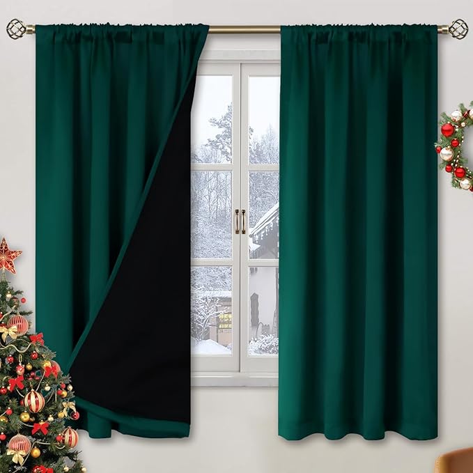 BGment Green 100% Blackout Curtains for Bedroom 63 Inches Long, Christmas Thermal Insulated Double Layer Full Room Darkening Noise Reducing Rod Pocket Curtain (42 x 63 Inch, Emerald, 2 Panels)