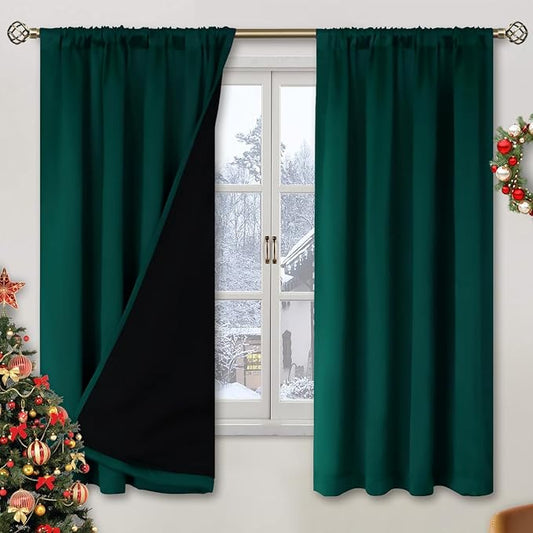 BGment Christmas Green 100% Blackout Curtains for Bedroom 63 Inches Long, Thermal Insulated Thick Heavy Full Room Darkening Noise Reducing Rod Pocket Curtain (52 x 63 Inch, Emerald, 2 Panels)