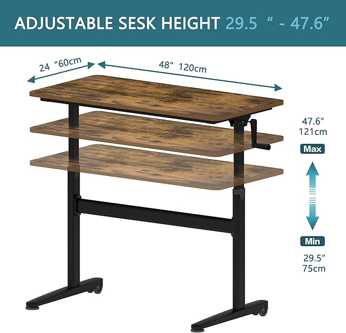 Manual Standing Desk Adjustable Height- Crank Mobile Standing Desk 48 x 24 Inches Sit Stand Desk Frame & Top, Stand Up Desk on Wheels, Computer Desk Black Frame & Rustic Brown