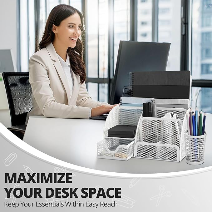 Flexzion Desk Top Caddy Organizer - White Office Desk Accessories Organizer and Storage - Metal Mesh Desk with 6 Compartments, Drawer and Pen Holder