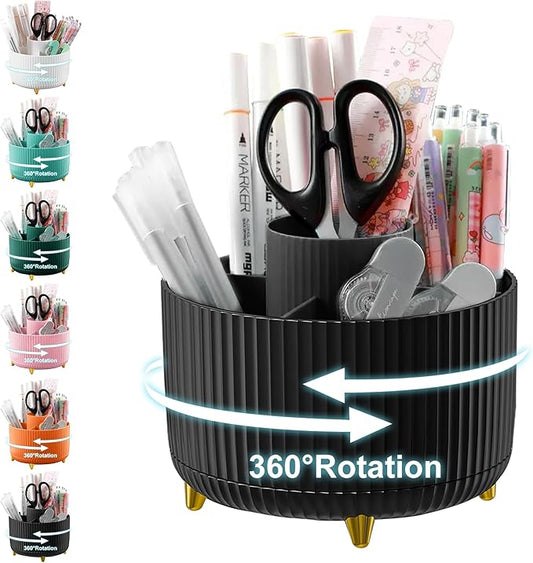 Pencil Holder For Desk,5 Slots 360°Degree Rotating Desk Organizers And Accessories,Desktop Storage Stationery Supplies Organizer, Cute Pencil Cup Pot For Office, School, Home (H-Black)